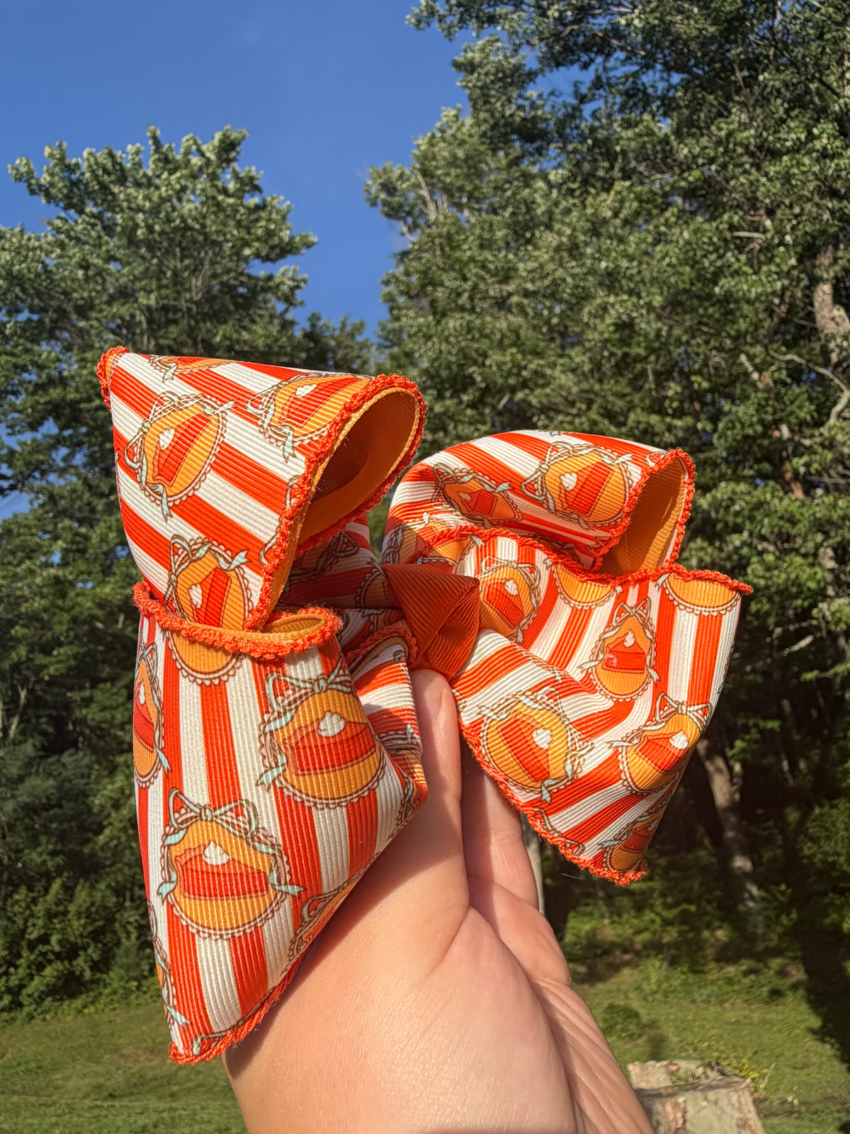 Fall Pumpkin Pie Orange & White Striped Boutique Hair Bow