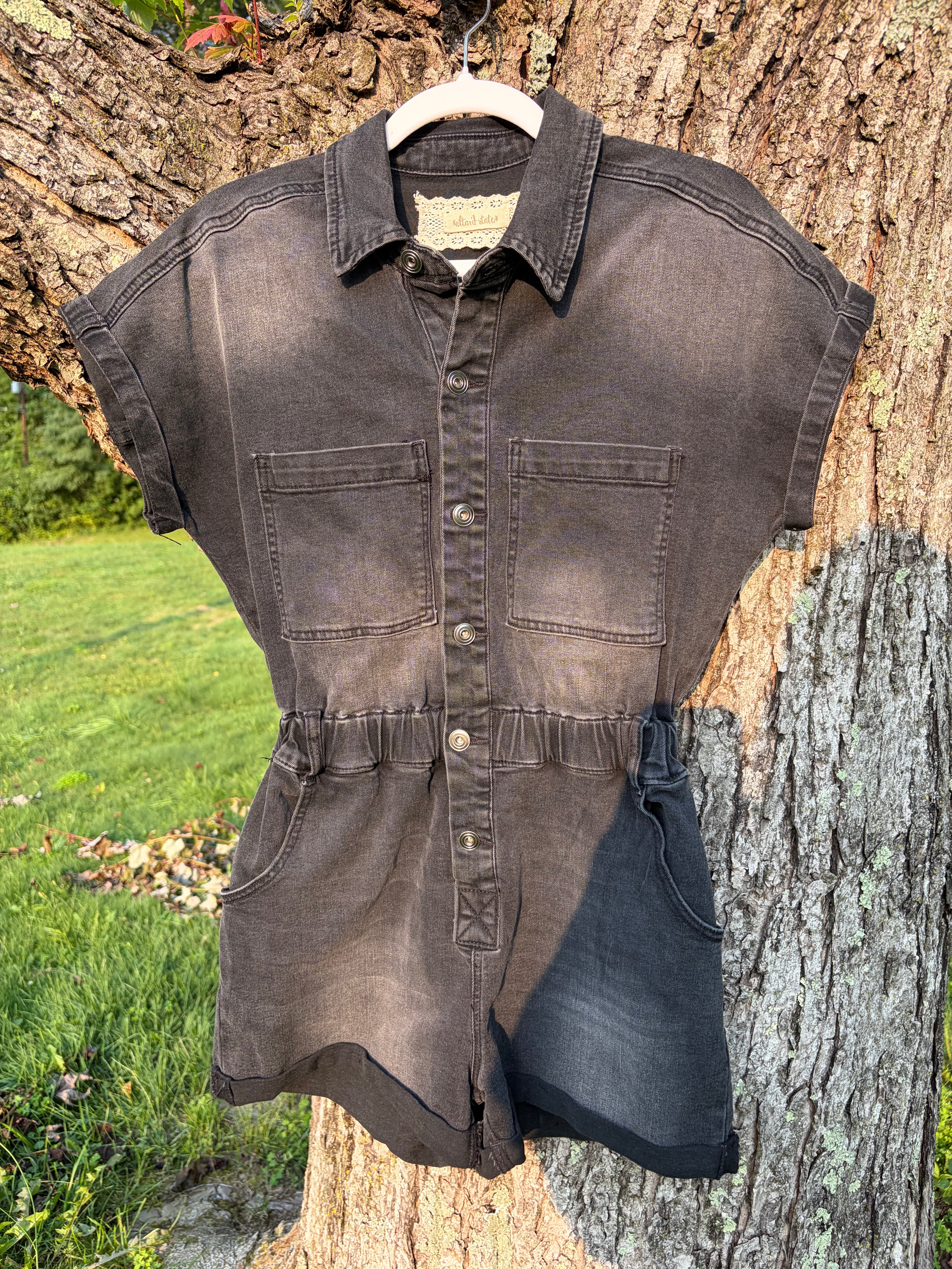 Altar'd State Acid Wash Black Denim Shortall Romper