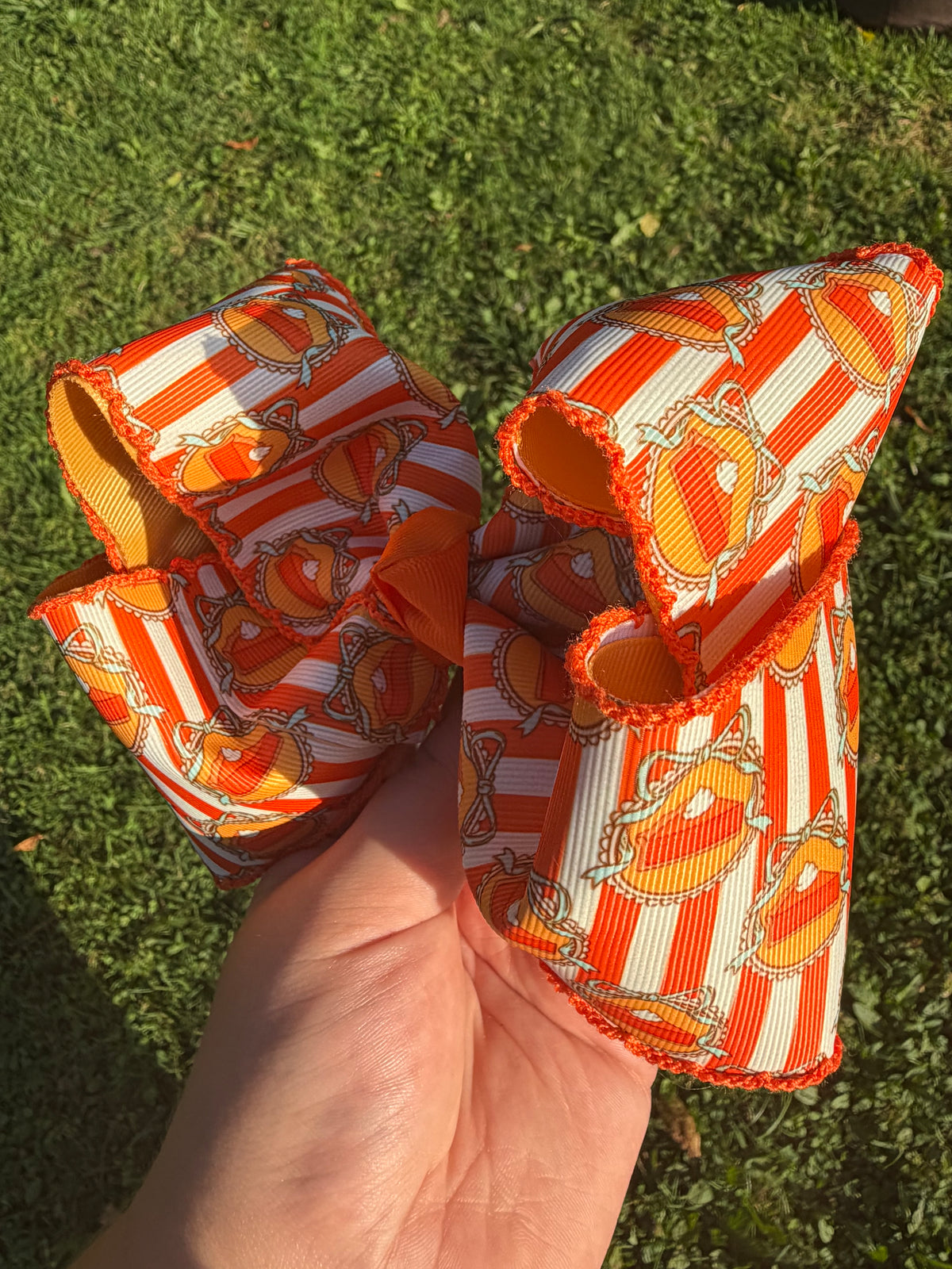 Fall Pumpkin Pie Orange & White Striped Boutique Hair Bow