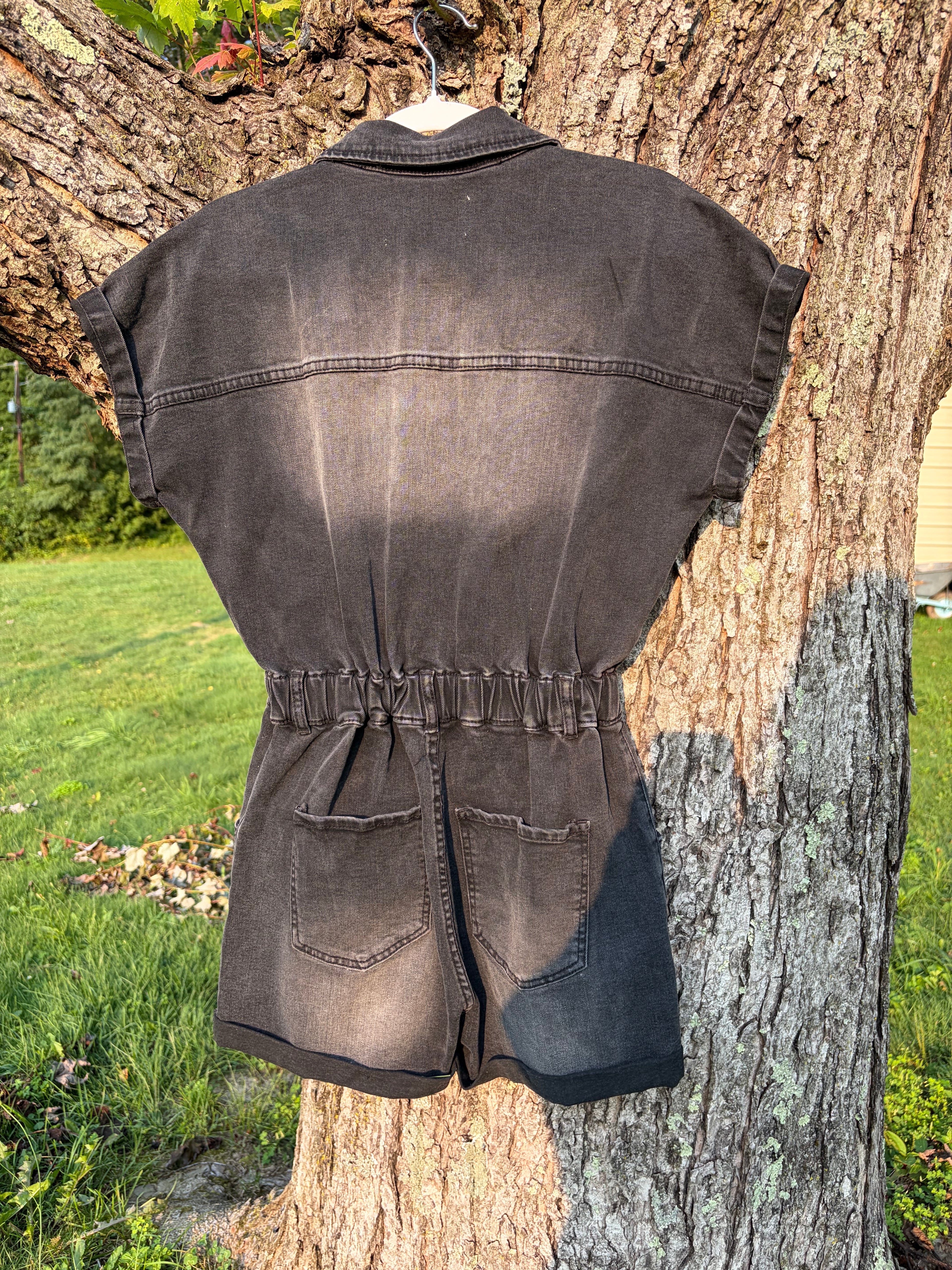 Altar'd State Acid Wash Black Denim Shortall Romper