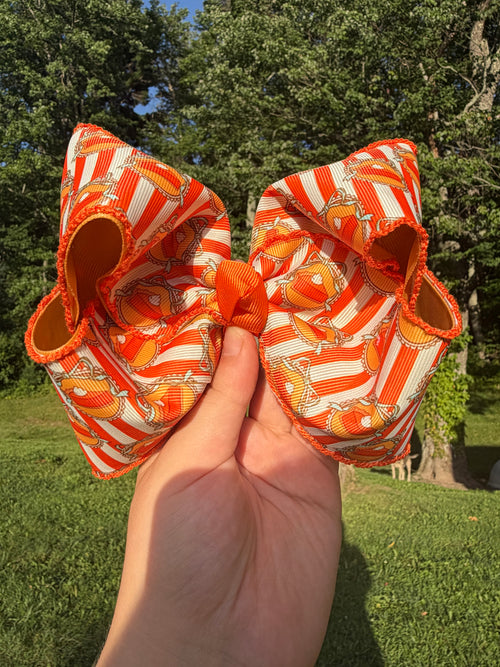 Fall Pumpkin Pie Orange & White Striped Boutique Hair Bow
