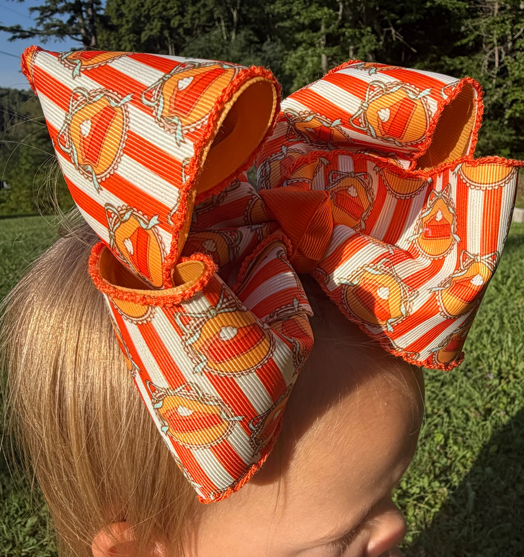 Fall Pumpkin Pie Orange & White Striped Boutique Hair Bow