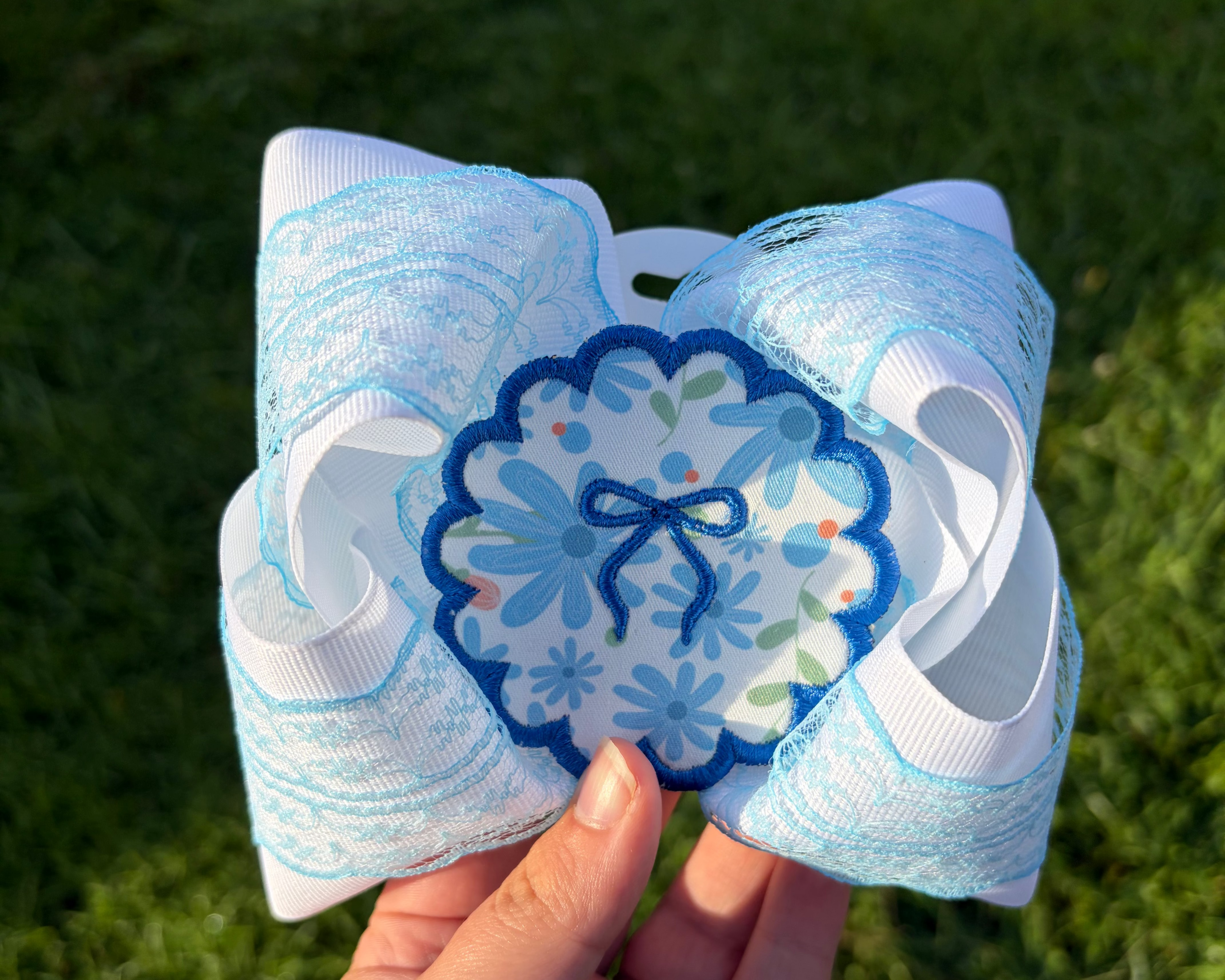 Blue Floral Lace Embroidered Scallop Hair Bow