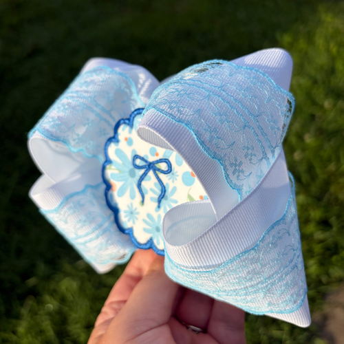 Blue Floral Lace Embroidered Scallop Hair Bow